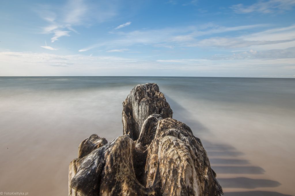 Spękane drewniane pale na pierwszym planie plaży w Gąskach i wygładzona powierzchnia Bałtyku.